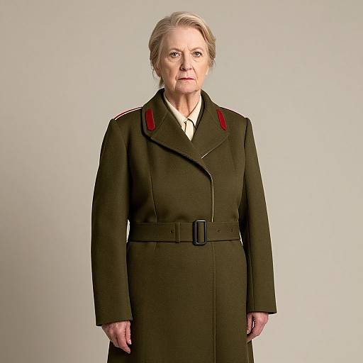 Photograph of an older white woman with short, gray hair, wearing a dark green military-style coat with red shoulder accents, standing against a plain white