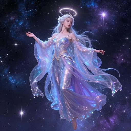 Digital illustration of a celestial angel with long blue hair, glowing halo, and shimmering, translucent silver gown, floating in a starry galaxy.