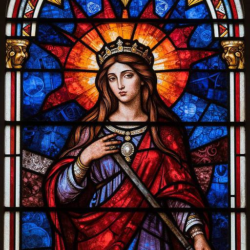 Vibrant stained glass window depicting a crowned, serene Virgin Mary with a red robe, golden halo, and intricate blue and red background.