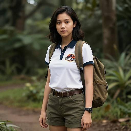 Photograph of an Asian woman with shoulder-length black hair, wearing a white polo shirt, olive green shorts, brown backpack, and watch, standing in
