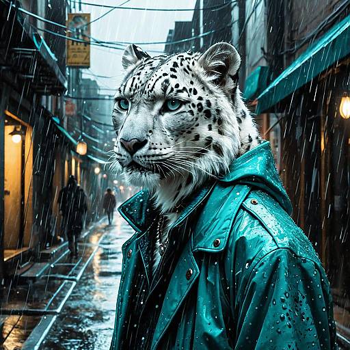 Anthro Snow Leopard in Rainy Neon Alley