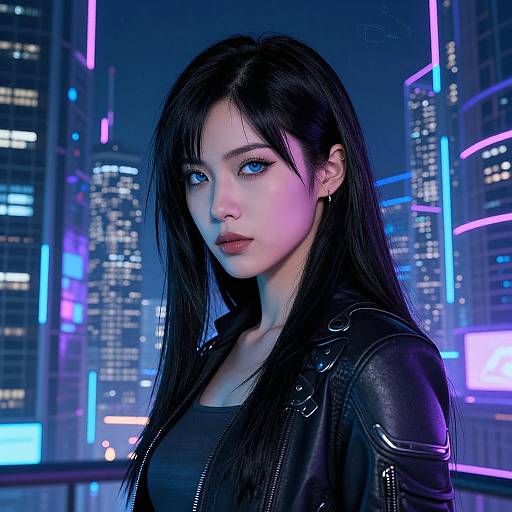CGI image of a young Asian woman with long black hair, blue eyes, and black leather jacket, standing against a neon-lit cityscape of