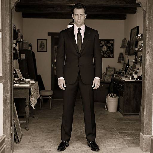 Photograph of a serious-looking man in a black suit, white shirt, and black tie, standing in a dimly lit, cluttered room with