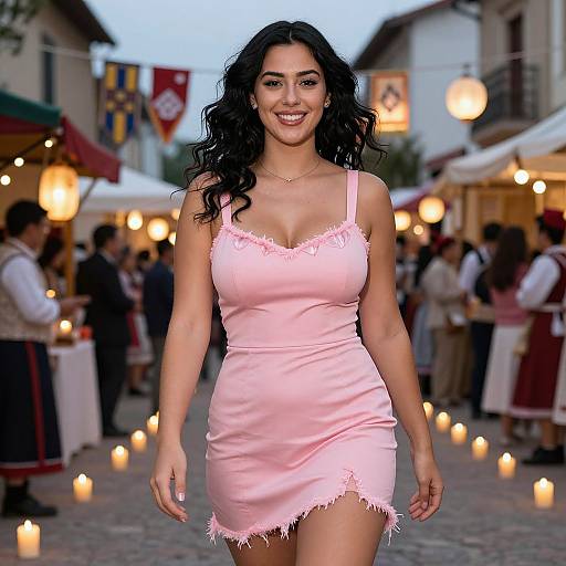 Photograph of a smiling, curvy woman with long black hair in a pink, frilled, form-fitting dress, walking through a cobble