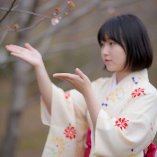Photograph of an Asian woman with short black hair, wearing a white floral kimono, outdoors, extending her hands forward, with blurred tree branches in