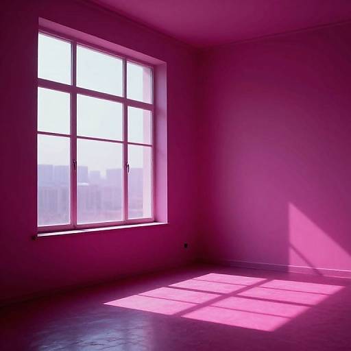 Photograph of a pink-lit, empty room with a large window casting pink shadows on the wooden floor and plain walls.
