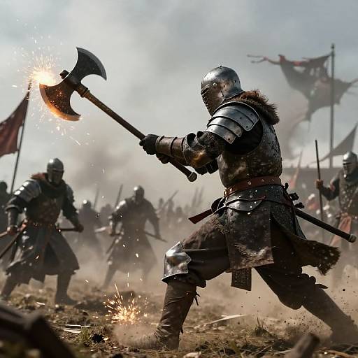 Photograph of medieval warriors in battle armor, wielding axes, with one warrior striking a flame-emitting axe, surrounded by smoke and flags.