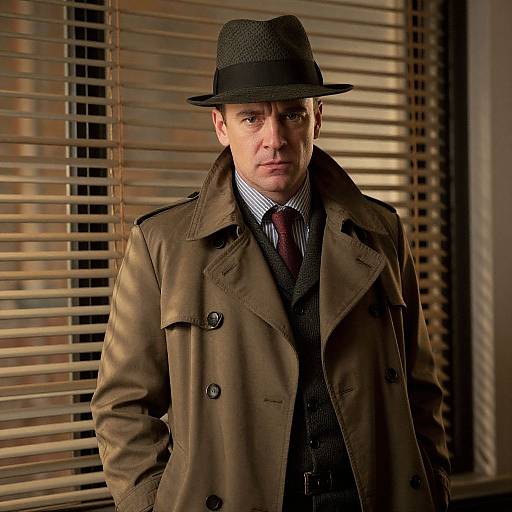 Photograph of a serious-looking Caucasian man in a brown trench coat, black fedora, striped shirt, and red tie, standing in front of wooden