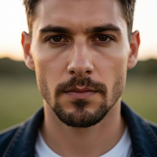 Close-up photograph of a serious, bearded Caucasian man with dark hair, brown eyes, and a trimmed goatee, wearing a dark jacket over a