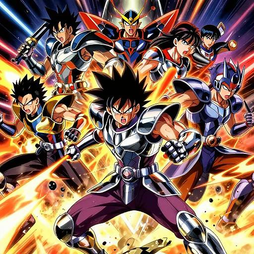 Dynamic anime-style illustration of a fierce, spiky-haired warrior in front, surrounded by six armored, power-emitting heroes in vibrant, action-packed poses