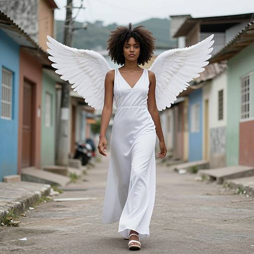Photograph of a black woman with curly hair, wearing a white angel dress and large white feather wings, walking down a colorful, narrow street.