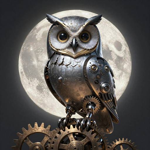 Steampunk owl with gears and cogs perched on gears, illuminated by a glowing full moon in a dark sky. Digital art.