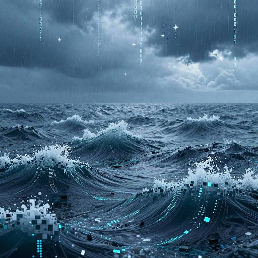 Digital artwork of a stormy ocean with dark blue waves, white foamy crests, and glowing blue digital patterns. Cloudy sky with rain and