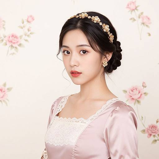 Digital portrait of an East Asian woman with fair skin, dark hair in a braid, wearing a pink satin dress, floral headband, and earrings