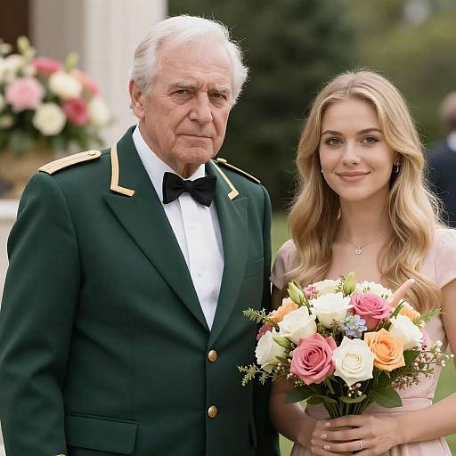 Elderly Man in Uniform and Young Woman with Bouquet
