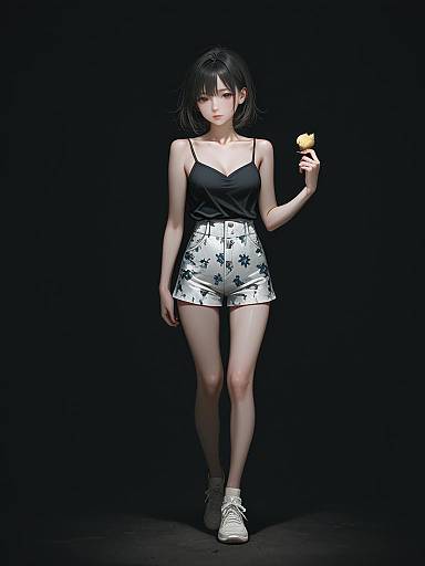 Digital illustration of a slim Asian woman with black bob haircut, wearing black tank top, white high-waisted shorts with black floral patterns, white sneakers