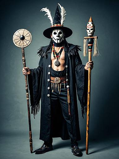 Man in Witch Doctor Costume with Staffs