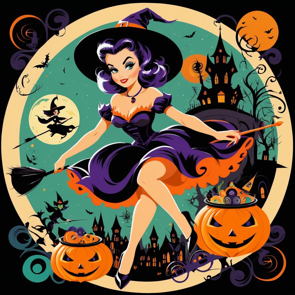 Vintage Pin-Up Witch with Halloween Charm