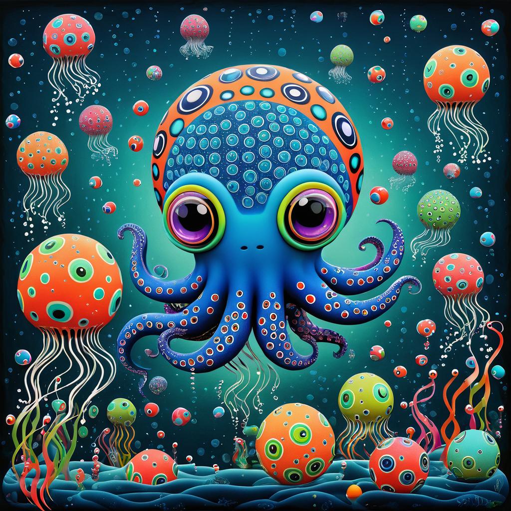 Quirky Octopus Juggling in Vibrant Depths