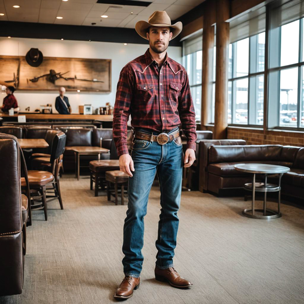 Stylish Cowboy Look in Airport Lounge