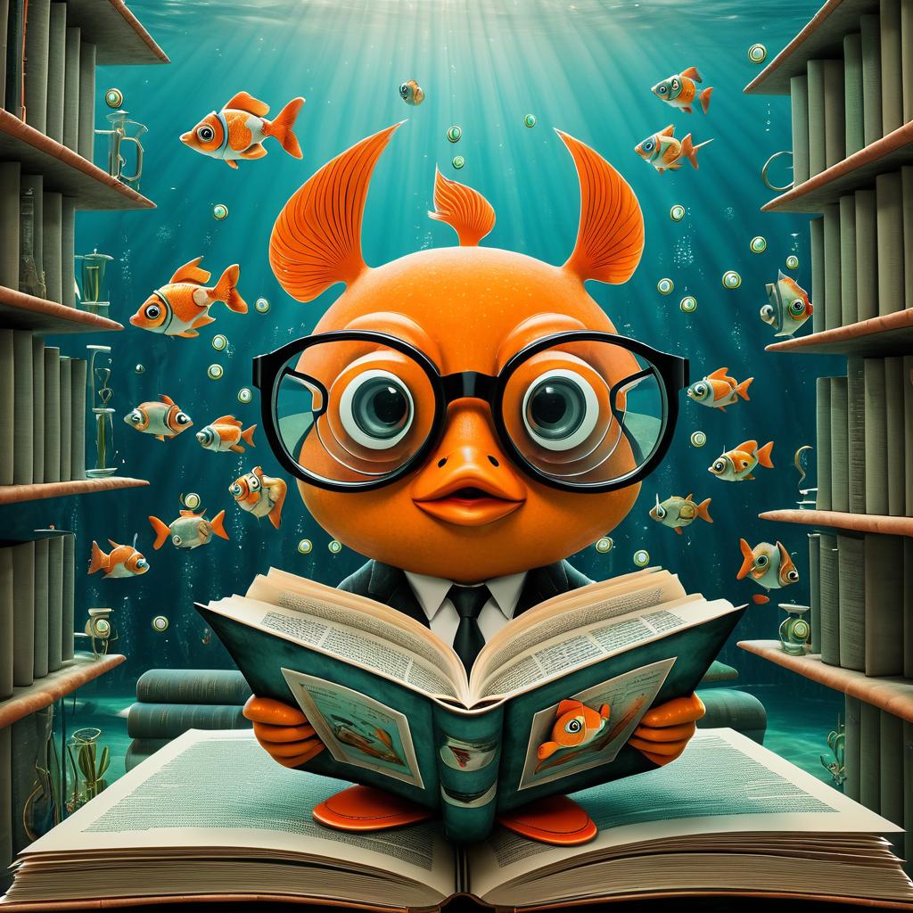 Whimsical Goldfish Reading in Library