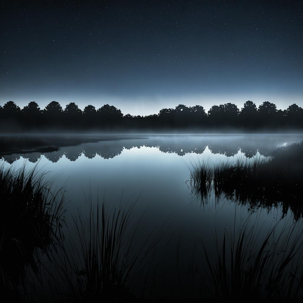 Eerie Midnight Pond Surrounded by Mist