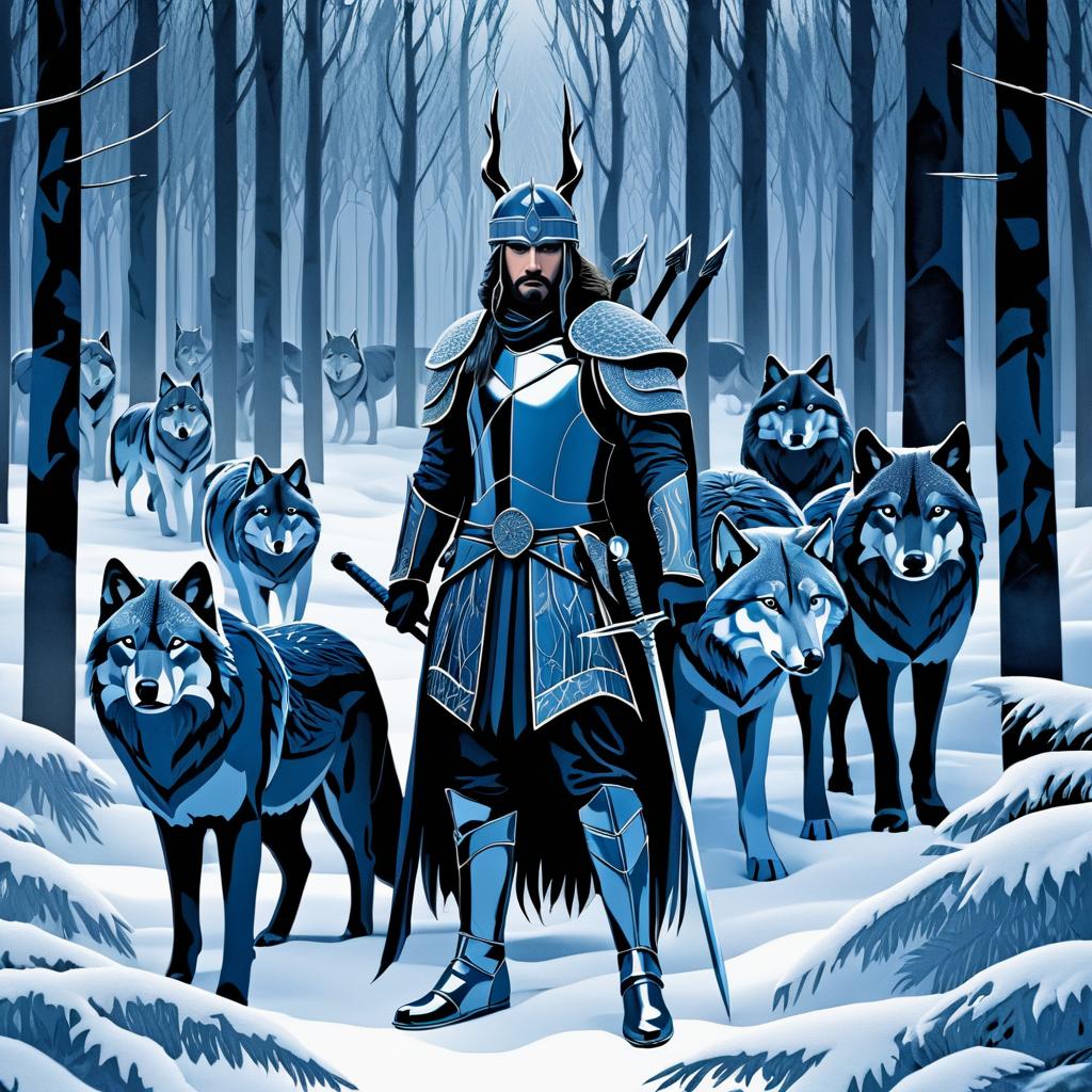 Fierce Twilight Warrior Surrounded by Wolves