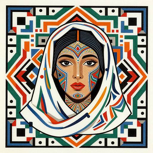 Vibrant digital artwork of a woman with dark hair, wearing a white hood, adorned with colorful geometric patterns, set against a complex, multicol