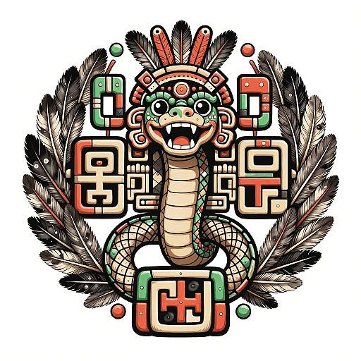 Digital artwork of a colorful, snake-like deity with a mask, feathers, and geometric patterns, set against a white background.