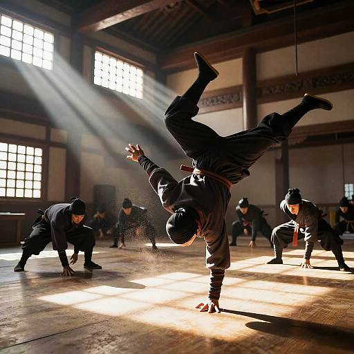 Photograph of martial artists in black uniforms performing dynamic moves in a sunlit, wooden-floored dojo with large windows. One performer is upside down