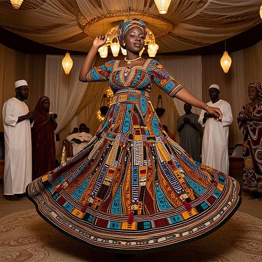 Photograph of a Black woman in an intricate, colorful African dress, adorned with beads and patterns, posing in an ornate room with warm lighting and