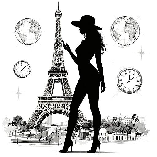 Black and white silhouette of a woman in a hat and high heels, standing confidently in front of the Eiffel Tower with four clock faces and a