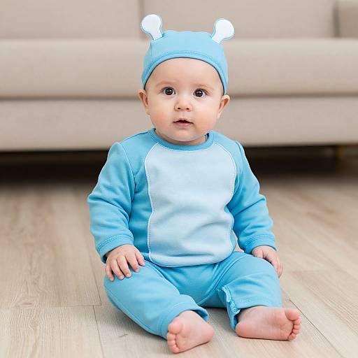 Photograph of a chubby, fair-skinned baby with blue eyes, wearing a light blue onesie and matching hat with white bunny ears, sitting on