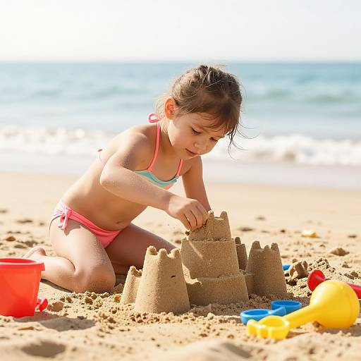 Photograph of a young girl with brown hair, wearing a pink and turquoise bikini, building a sandcastle on a sunny beach. Bright red bucket,