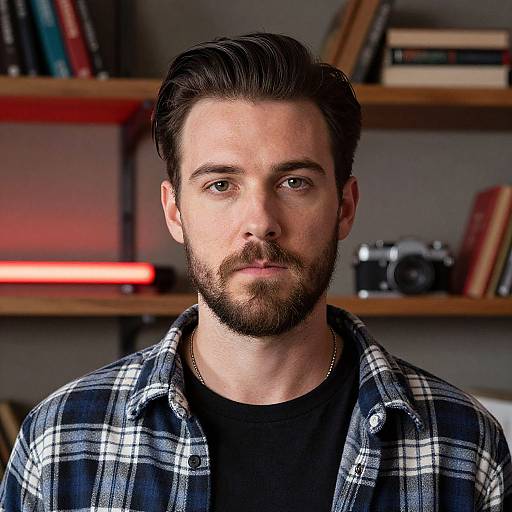 Photograph of a bearded man with dark hair, wearing a plaid shirt over a black t-shirt, standing in front of a bookshelf with