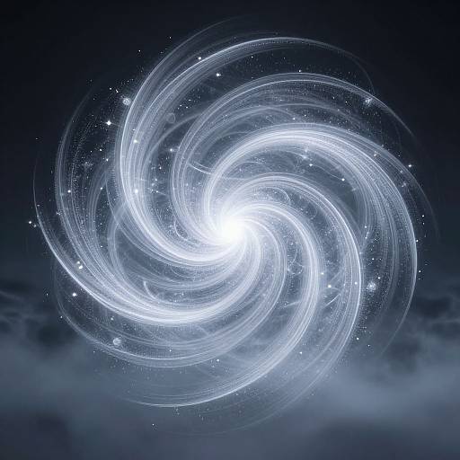 Digital artwork of a radiant, glowing white spiral galaxy against a dark blue, star-speckled night sky with wisps of clouds.