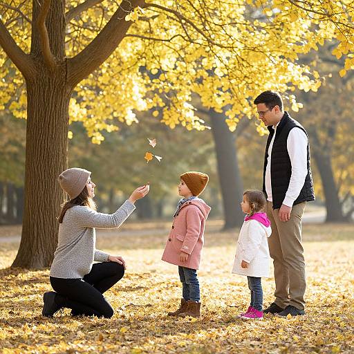 Photograph of a family in autumn park: mother kneeling, beanie, grey sweater, tossing leaf; father, black vest, white shirt, standing