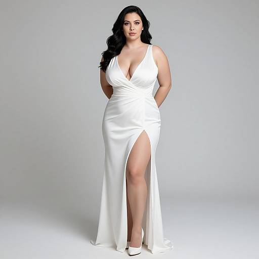 Photograph of a curvy woman with long black hair in a white, deep V-neck, high-slit evening gown, standing confidently against a plain