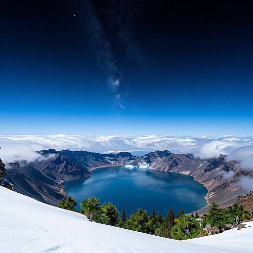 Photograph of a mountainous landscape with a vivid blue lake surrounded by snow-capped peaks, dense forests, and clouds under a deep blue, star