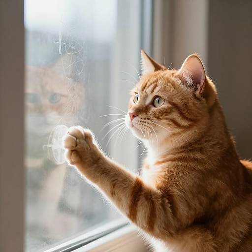 Photograph of a curious orange tabby cat with green eyes, raising its paw to touch a sunlit window, creating sparkling reflections.