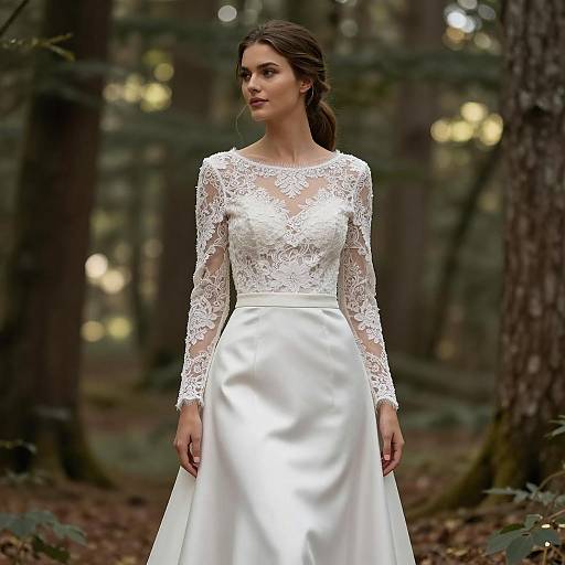 Bride in White Lace Wedding Dress in Forest