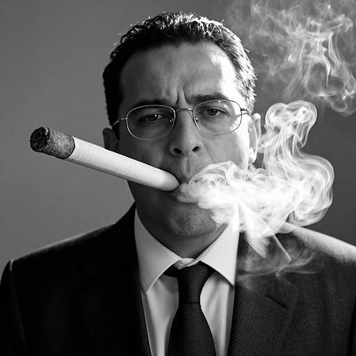 Black-and-white photograph of a serious-looking man in a suit, glasses, white shirt, and black tie, smoking a cigar with swirling smoke.
