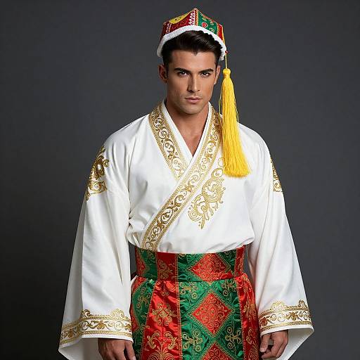 Photograph of a handsome man in traditional white and gold embroidered robe, red and green patterned waistcoat, and ornate hat with yellow tassel