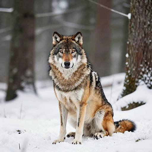 Photograph of a majestic, multi-colored wolf with striking brown, black, and white fur, sitting in a snowy forest, looking directly at the camera