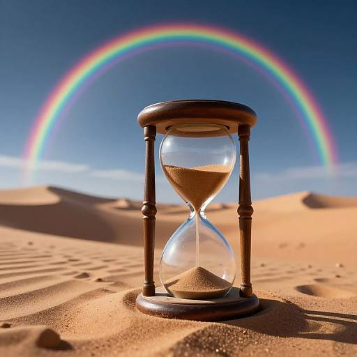 Photograph of an hourglass on desert sand with a vibrant rainbow in a clear blue sky behind it.