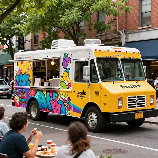 Colorful street food truck with vibrant graffiti art parked on urban street, people eating in foreground, leafy green trees and brick buildings in background.