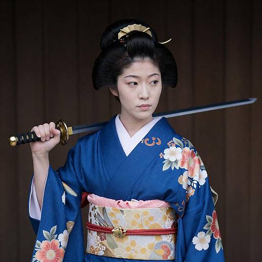 Elegant Japanese Woman in Blue Kimono