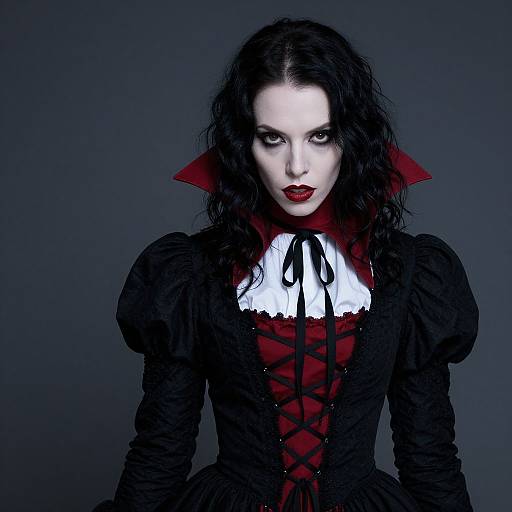 Gothic-style photograph of a pale woman with dark, wavy hair, red lips, and intense eyes. She wears a black corset dress