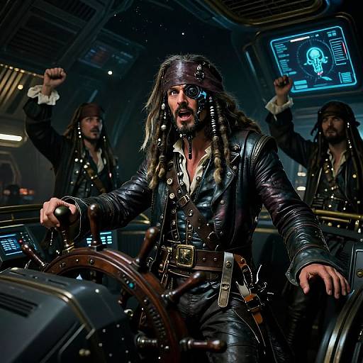Photograph of a rugged, long-haired pirate captain in a black leather outfit with an eyepatch, commanding a futuristic ship, surrounded by three similarly