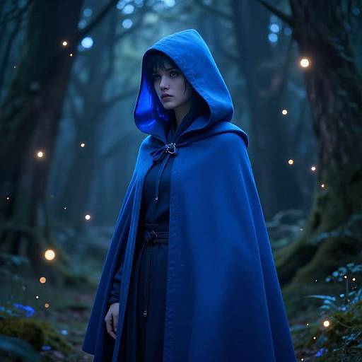 Photorealistic digital art of a mysterious woman in a blue hooded cloak, standing in a dark, enchanted forest with glowing fireflies.